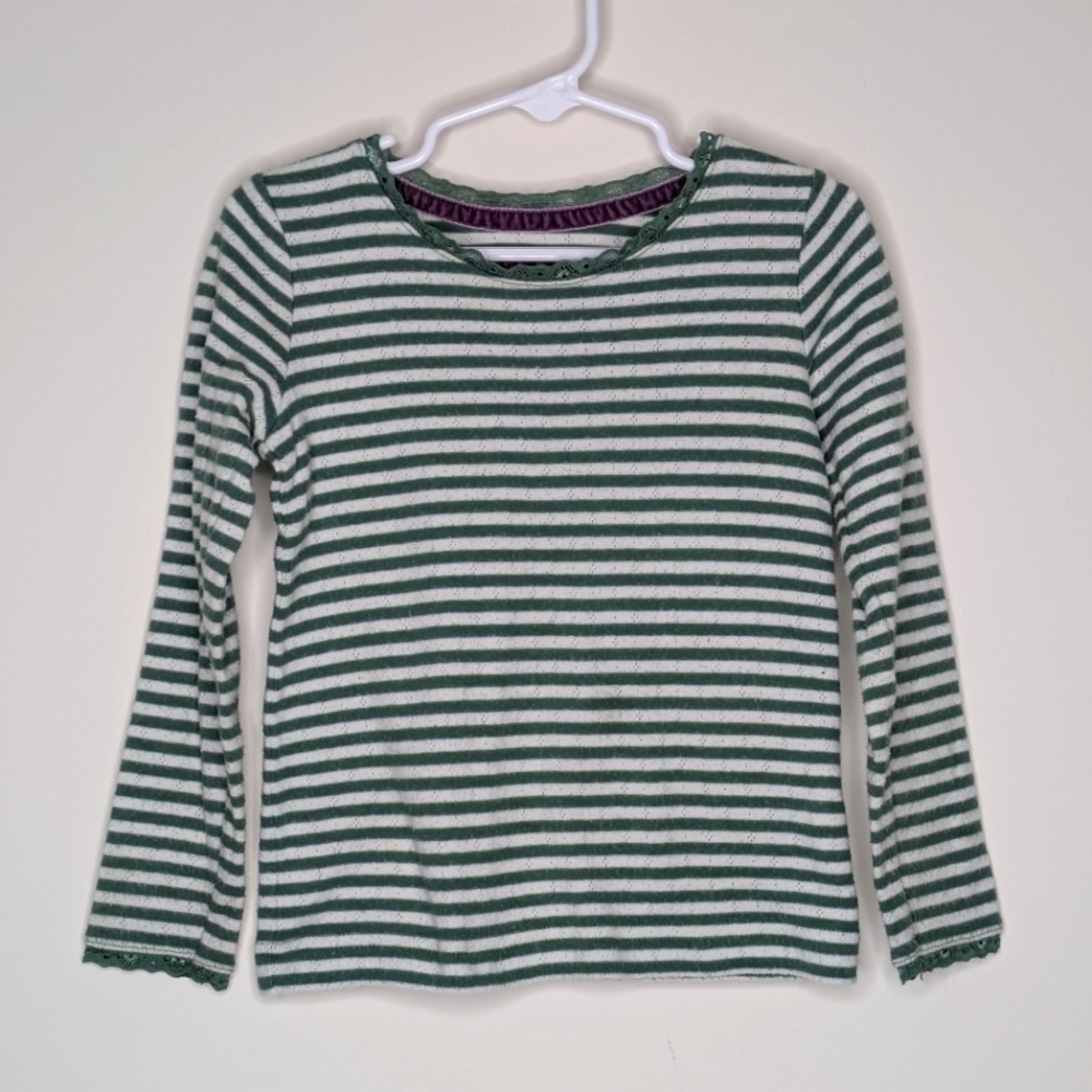 Mini Boden Green Stripe Pointelle Shirt 3/4